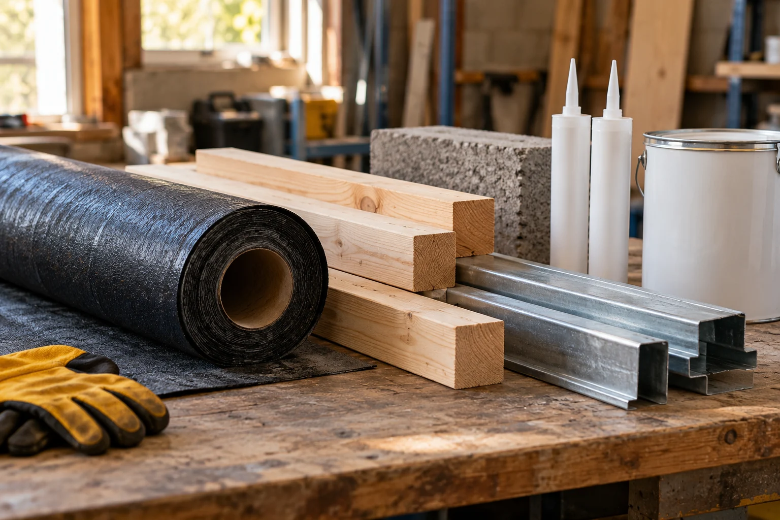 Professional building materials on a workshop bench