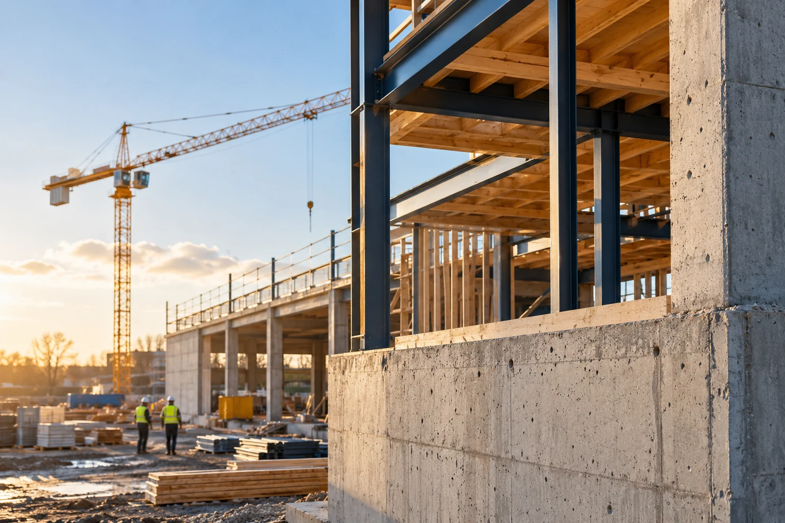 Construction site with concrete and steel structures